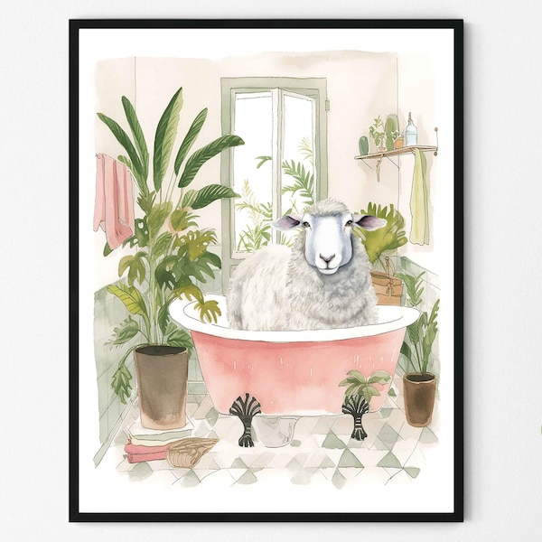 Sheep Decor Bathroom Botanical Art Print Poster, Sheep Decor Wall Art Tropical Boho Decoration, Bathroom Decor Artwork