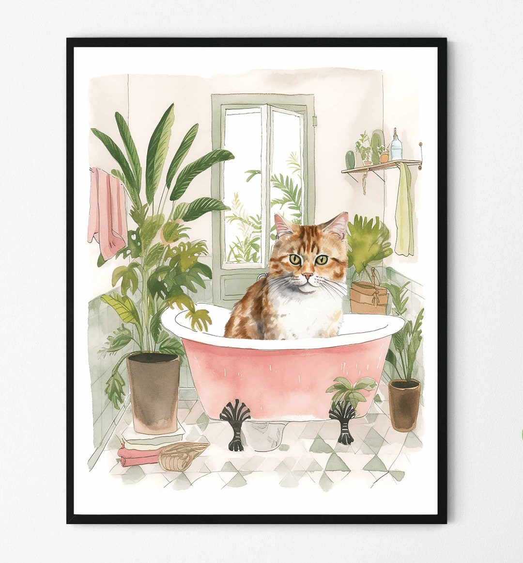 Cat Bathroom Botanical Art Print Poster, Cat Bath Wall Art Tropical ...