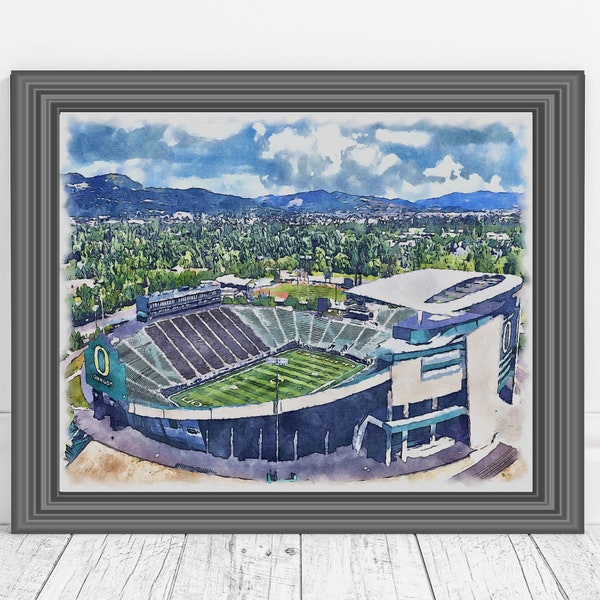 Autzen Stadium Art Print Poster, Eugene, Oregon Football Fan Team Watercolor Art Decor, Stadium Art Decoration Gifts