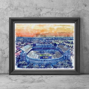 Tiger Stadium Art Print Poster, Baton Rouge Louisiana Football Fan Team Watercolor, Stadium Art Gifts