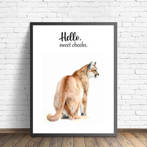 Cougar "Hello, Sweet Cheeks" Bathroom Art Print Poster, Cougar Wall Art Humor Decoration, Bathroom Decor Funny