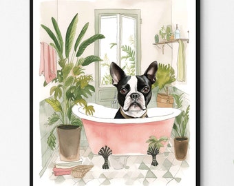 Boston Terrier Bathroom Botanical Art Print Poster, Boston Terrier Bath Wall Art Tropical Boho Decoration, Bathroom Decor Artwork