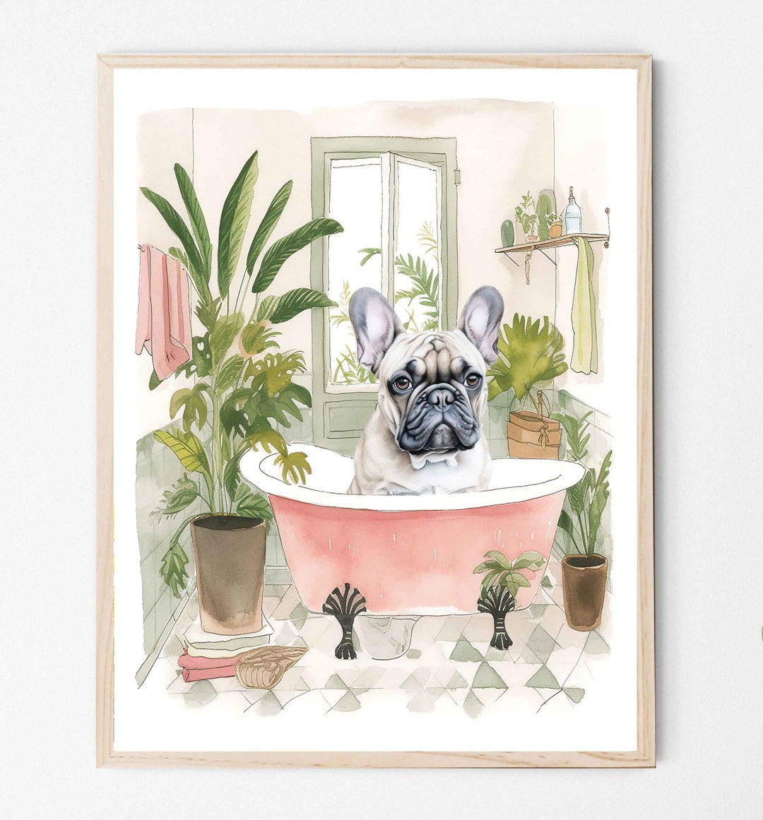 French Bulldog Bathroom Botanical Art Print Poster, French Bulldog Wall