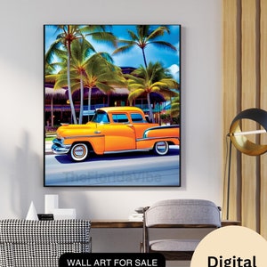 Island Dreaming:  A Key West Oasis Outdoor Tiki Bar with Vintage Truck and Beautiful Palm Trees Wall Art Decor