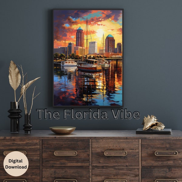 Magical Skyline of Tampa Florida, Graceful Boats, Radiant Hues Bright Oranges, Yellows, Reds, and Blues, Evoking the Vibrant Atmosphere