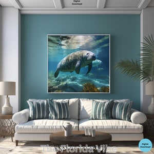 Manatee Encounter, Gentle Giants Gracefully Gliding in Crystal Clear Cerulean Waters, Sunbeam Interplay on Sandy Floor Tapestry of Sea Grass