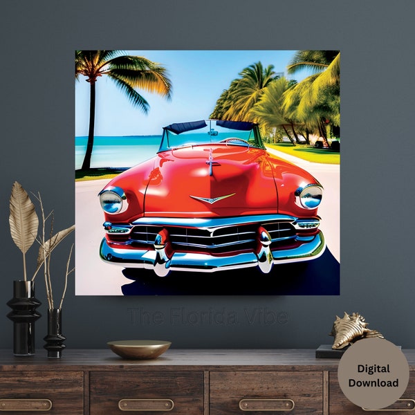 Revive the Retro Magic: Cruise in Style with a Vibrant Red Classic Car, Infused with Key West Beach Vibes and Palm Tree Delight