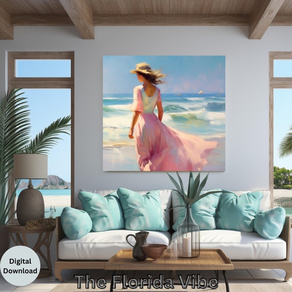 Gregory Frank Harris inspired watercolor, Coastal Décor, Women walking down the beach,  Light pink & white dress with sun hat at the shore.