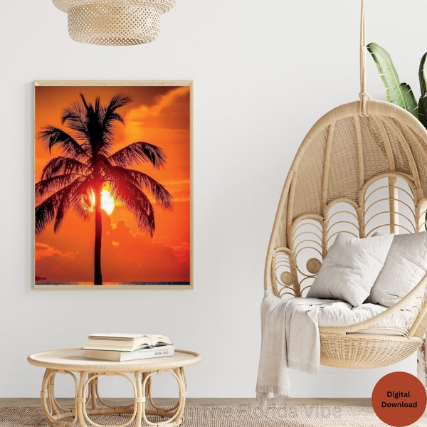 Mesmerizing Sunset, View of Palm Tree, Blue Ocean, Sunset, Orange Sky, Beach Front Oasis, Natures Masterpiece, Orange Bliss, Serenity