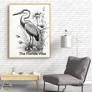 Arte digital monocromática da garça cinzenta, arte aviária da vida selvagem, decoração digital para casa de observação de pássaros, arte de parede de pássaro da garça cinzenta, arte para impressão