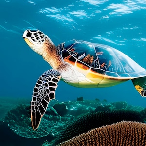 May include: A sea turtle swims through clear blue water with coral reefs in the background. The turtle has a green, brown, and yellow shell with black markings.