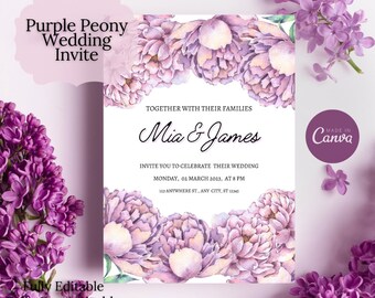 Romantische huwelijksuitnodigingen digitale sjabloon | Paarse bruiloft uitnodiging afdrukbare PDF | Lente- en zomerhuwelijksuitnodigingen