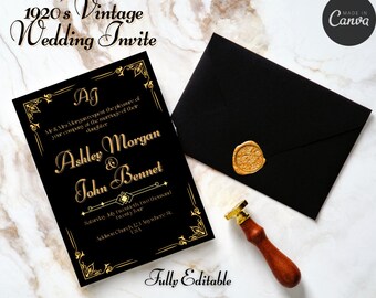 Vintage thema bruiloft uitnodiging sjabloonbundel | Bruiloft uitnodigingsset uit de jaren 1920 | 4-delige zwarte en gouden aanpasbare huwelijksuitnodiging