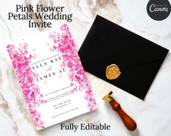 Bruiloft uitnodiging roze bloemblaadjes sjabloonbundel | Bruiloft bewaar de datum, RSVP, details | 4-delige bruiloft uitnodigen aanpasbaar