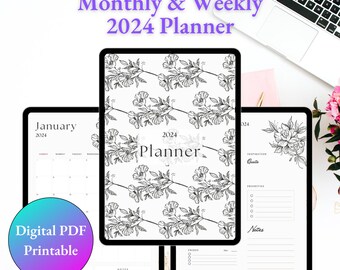 Minimalistische 2024 maand- en weekplanner | Zwart-witte bloemenbloem minimalistische planner | Digitale afdrukbare PDF Bloem 2024 Planner