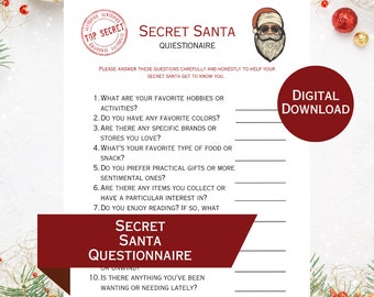 Secret Santa-vragenlijst digitale download, afdrukbare PDF | Geheim Kerstcadeauformulier | Vragenlijst cadeau | Vragenlijstformulier
