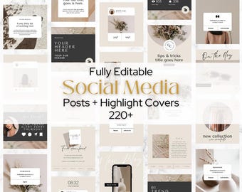 220+ Instagram-berichtsjablonen | Bundel socialmediaberichten | Omslagen en highlight-omslagen | Volledig bewerkbare vierkante IG-sjablonen | Kit voor contentmakers
