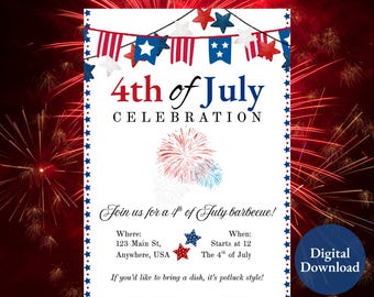 Puede incluir: Una invitación digital para una celebración del 4 de julio. El diseño presenta estrellas y pancartas rojas, blancas y azules, con fuegos artificiales en el fondo. El texto dice "4th of July Celebration" e incluye detalles del evento.