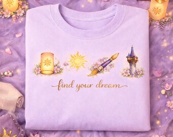 Vind je droom Rapunzel-shirt – T-shirt geïnspireerd op Disney Princess – Esthetische top met zon en lantaarn – inspirerende fantasieafbeelding