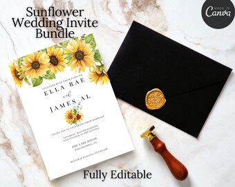 Bruiloft uitnodiging zonnebloem sjabloonbundel | Bruiloft bewaar de datum, RSVP, details | 4-delige bruiloft uitnodigen aanpasbaar