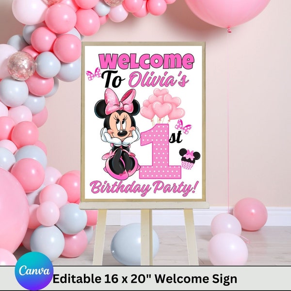 Editable Minnie Mouse Welcome Sign, 1st Birthday Welcome Sign, Printable Welcome Banner Minnie, Instant Download Digital Banner for Birthday