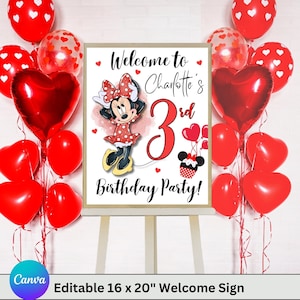Bewerkbaar Minnie Mouse-welkomstbord, afdrukbaar evenementbord Instant download digitale banner voor verjaardag Rode muis welkomstbord verjaardagsfeestje