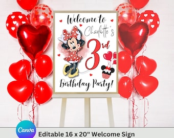 Editable Minnie Mouse Welcome Sign, Printable Event Sign Instant Download Digital Banner for Birthday Red Mouse Welcome Birthday Party Sign