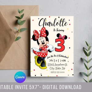 Invito di compleanno di Minnie rossa, invito di compleanno stampabile, invito di Minnie modificabile, invito di compleanno con download immediato