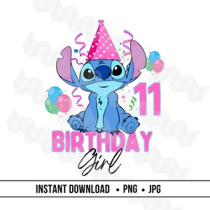 11e anniversaire de point au point PNG, image numérique de point de fille d'anniversaire, Lilo et téléchargement instantané d'anniversaire de Stitch, png mignon de point pour l'anniversaire DTF