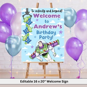 Buzz Lightyear Urodziny Tabliczka Powitalna Do Nieskończoności i Dalej Upominki Na Imprezę Edytowalny Tabliczka Wydarzeniowa DIY Toy Story Urodziny The Claw Pizza Planet