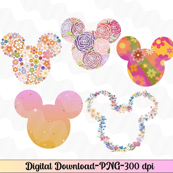 Mouse Head Outlines PNG, Vintage style minnie mouse png, Minnie Ears with wildflowers, Mouse outline png, groovy Minnie, retro flower minnie
