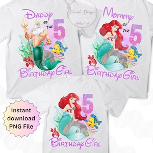 5e anniversaire de la princesse Ariel, thermocollant, lot de famille anniversaire fille pour 5e anniversaire, petite sirène 5e anniversaire maman et papa chemise