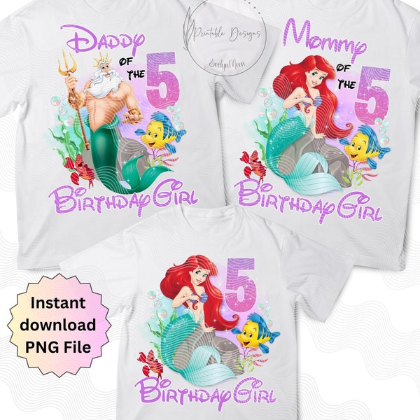 Princess Ariel 5th Birthday Family Iron On, Birthday Girl Family Bundle for 5th Birthday, Little Mermaid 5th Birthday Mommy and Daddy Shirt