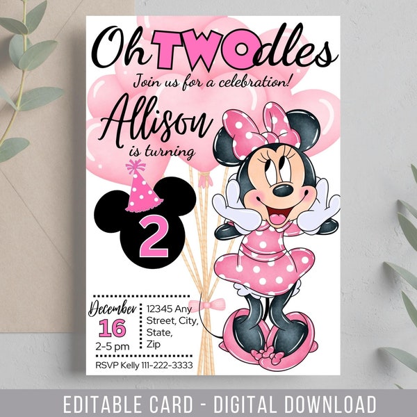 Oh Twodles Invitation, Minnie Birthday Invitation for Girls, Minnie Mouse Invitations, Minnie Mouse Editable Invitation, Minnie Twodles
