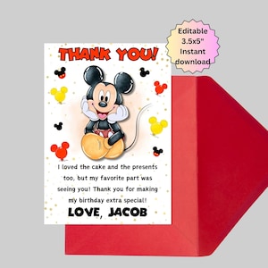 Tarjeta de agradecimiento editable de Mickey Mouse rojo, tarjetas de agradecimiento, descarga instantánea de tarjeta de agradecimiento, tarjeta de agradecimiento imprimible, agradecimiento personalizado