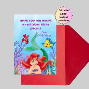 Tarjeta de agradecimiento editable Sirenita, Tarjeta de agradecimiento Ariel para cumpleaños, Etiquetas de regalo de agradecimiento de cumpleaños, Tarjetas de agradecimiento de fiesta, Favores de fiesta