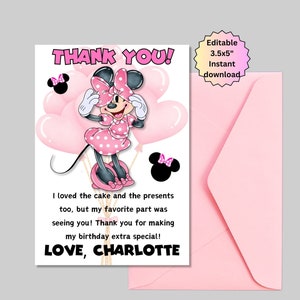 Tarjeta de agradecimiento editable de Minnie Mouse rosa, tarjetas de agradecimiento, descarga instantánea de tarjeta U de agradecimiento, tarjeta de agradecimiento imprimible, agradecimiento personalizado
