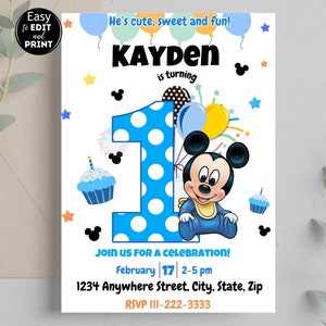 1er anniversaire Invitation modifiable Mickey Mouse, Invitation d'anniversaire Mickey Mouse, Invitation imprimable Mickey, Invitation anniversaire Mickey 1