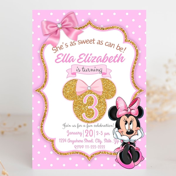 Faire-part d'anniversaire Minnie Mouse rose clair modifiable, faire-part d'anniversaire de filles, faire-part imprimable, faire-part Minnie rose, invitation Minnie