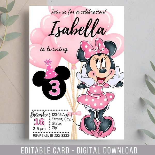 Invito di compleanno modificabile rosa chiaro Minnie Mouse, Invito di compleanno per ragazze, Invito stampabile, Invito Minnie rosa, Invito Minnie