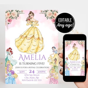 Belle Birthday Invitation Once Upon A Time Magical Birthday Party Editable Custom Ball Invite Royal Celebration party, Beauty and the beast