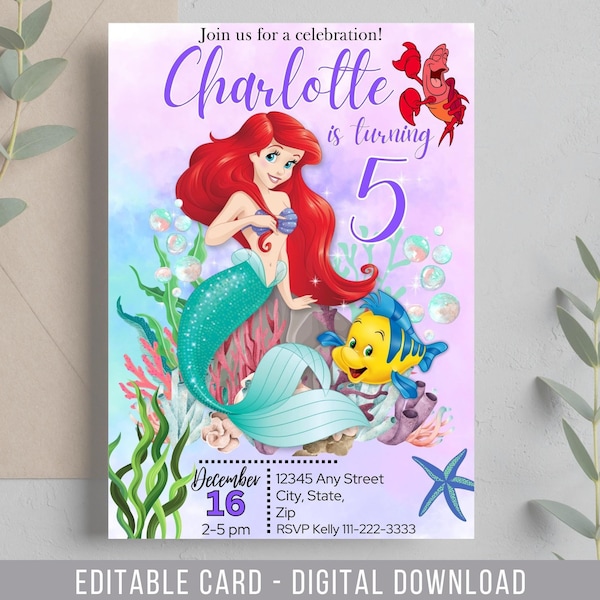 Invitación de cumpleaños de la Sirenita, invitación de cumpleaños de Ariel, invitación de cumpleaños de sirena editable, invitación de cumpleaños para niñas sirena Ariel