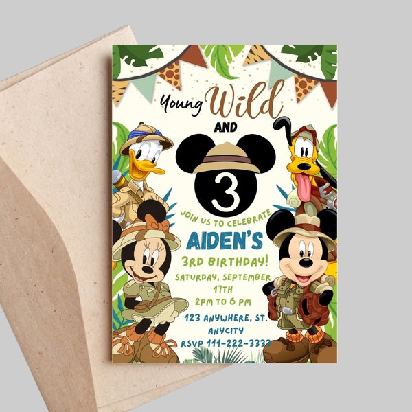 Young Wild and Three Birthday Mouse Invitation, Birthday Invitation Safari Mickey, Printable Invitation Mickey, 3rd Birthday Wild and Free