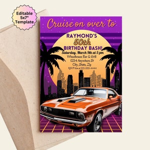 Classic Car Birthday Party Invitation, Adult Party Invitation, Editable Birthday 40th Invitations, Car Show Invite, Low Rider Hot Rod invite