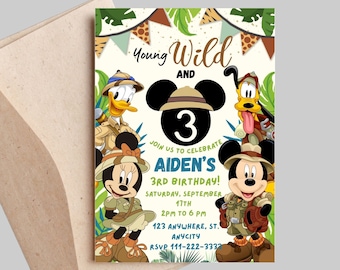 Puede incluir: Una invitación de cumpleaños con Mickey Mouse, Minnie Mouse, Donald Duck y Goofy vestidos con atuendos de safari. La invitación es para el 3er cumpleaños de Aiden, que se celebrará el 17 de septiembre de 2 pm a 6 pm. La invitación incluye la dirección y la información de RSVP.