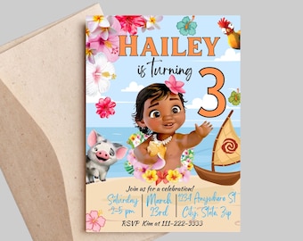 Editable Baby Moana Birthday Invitation, Summer Birthday Invitation, Printable Invitation for girl birthday, Canva Template Birthday Invite