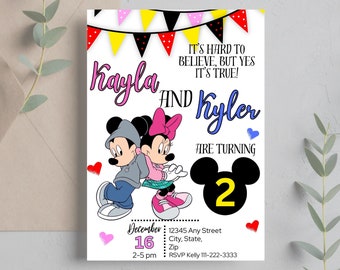 Invitación de cumpleaños gemela, invitaciones de cumpleaños de Micky y Minnie, invitaciones de cumpleaños gemelas para niños y niñas, invitaciones editables para fiestas de cumpleaños