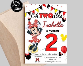 Oh Twodles Einladung, rote Minnie Geburtstagseinladung, Minnie Maus Einladungen, Maus bearbeitbare Einladung, Minnie Twodles einladen