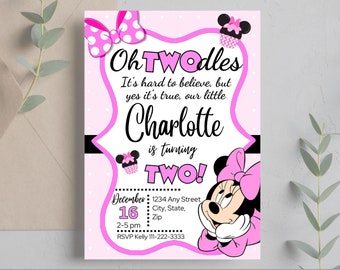 2nd Birthday Oh Twodles Invitation, Minnie Birthday Invitation for Girls, 2nd Birthday Invitations Minnie, Minni Editable Invitation, oh two