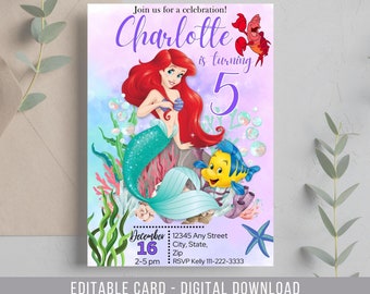 Little Mermaid Birthday Invitation, Ariel Birthday Invite, Editable Mermaid Birthday Invitation, Birthday Invitation for girls Mermaid Ariel
